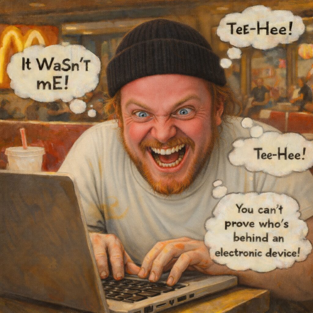 not luke wenke crazy white man laughing maniac black hat white tshirt mcdonalds booth laptop typing