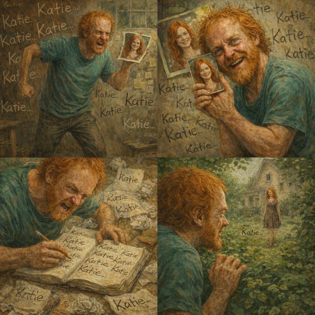 a cartoon/painterly image of a man resembling luke wenke obsessing over stalking victim katie